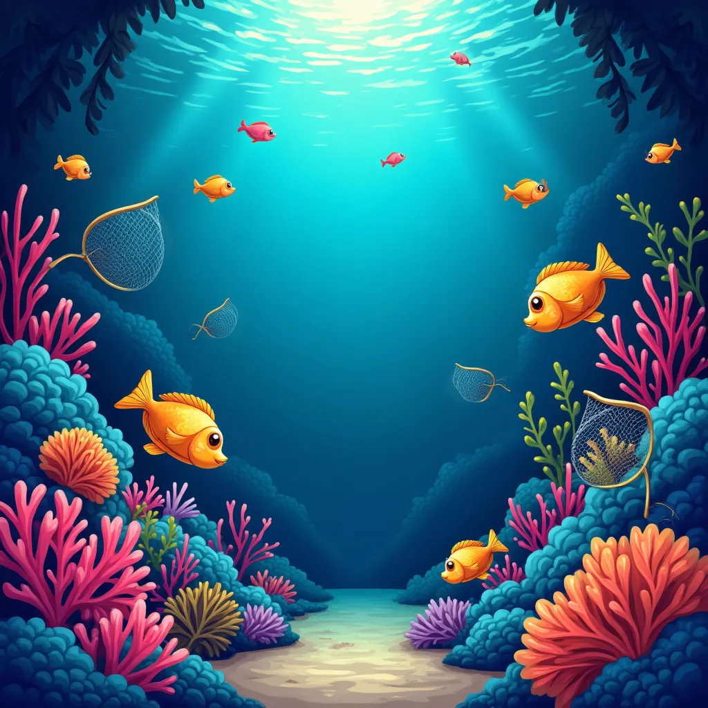Cartoon fishing game underwater scene